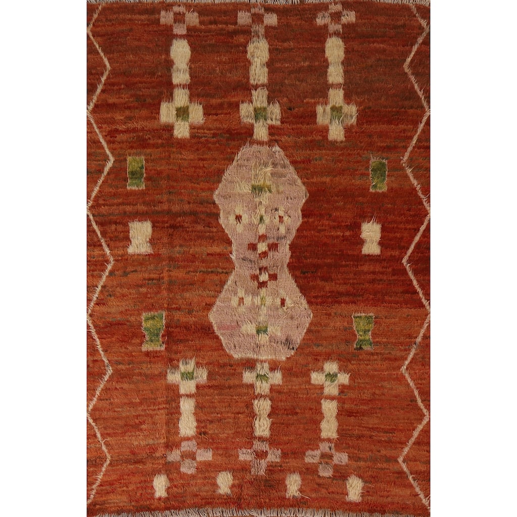Hand Knotted Oriental 100% Wool Carpet Modern Tribal Oranges & Rust Moroccan Area Rug - 7' 8'' X 5' 6''