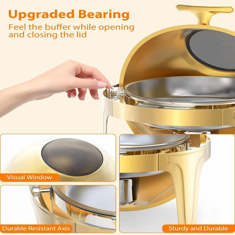 6.3 QT Round Roll - Top Chafing Dish Buffet Kit In Gold with a Transparent Glass Panel - 6L