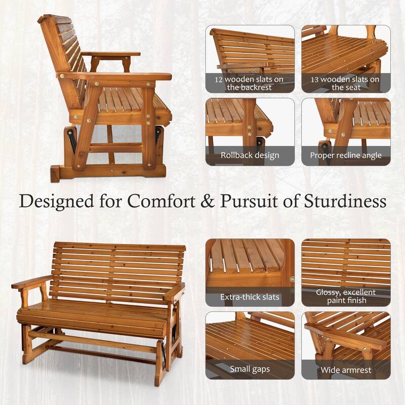 Wooden Patio Glider with High Roll Back and Deep Contoured Seat