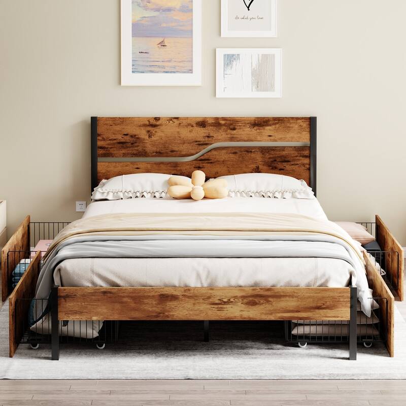 VECELO Upholstered Platform Bed Frame with 4 Storage Drawers, Full/Queen Size - Full