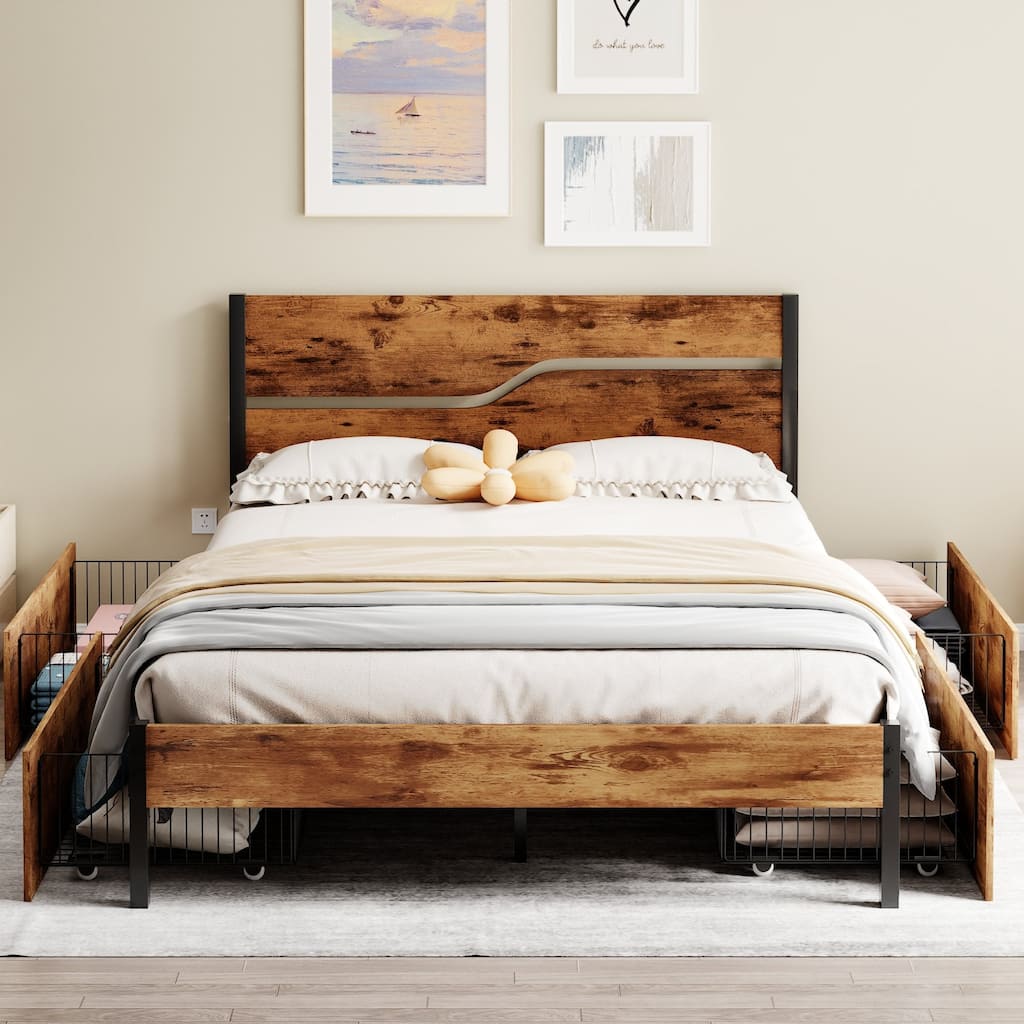VECELO Upholstered Platform Bed Frame with 4 Storage Drawers, Full/Queen Size