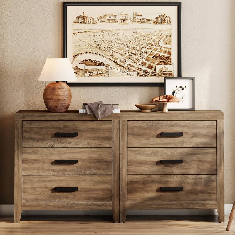 WAMPAT Farmhouse 3-Drawer Dresser, Wooden Chest of Drawers, Modern Storage Organizer & Nightstand for Bedroom, Living Room - Brown - 6-drawer