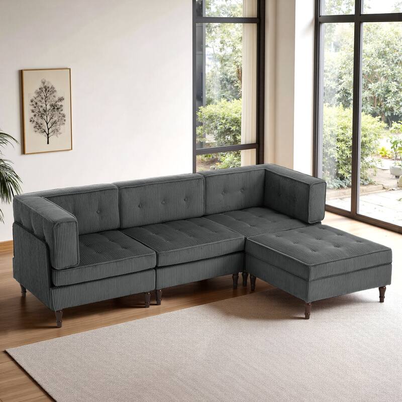 UIXE 4 - Piece Corduroy Sectional Sofa with Flip-Top Storage Ottoman Coffee Table - Grey