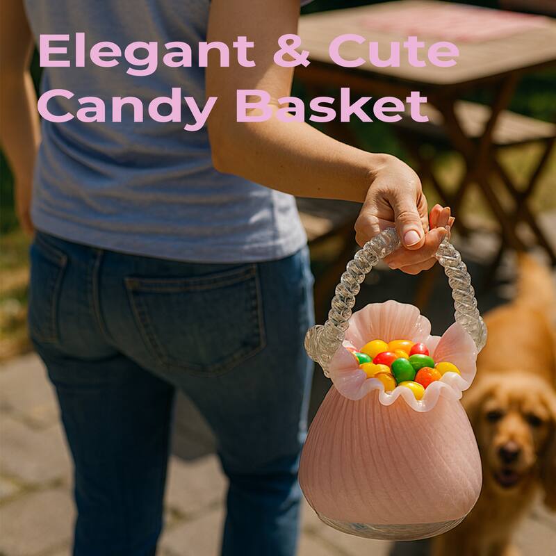 Pink Scalloped Glass Basket Vase Decorative Floral Display Accent