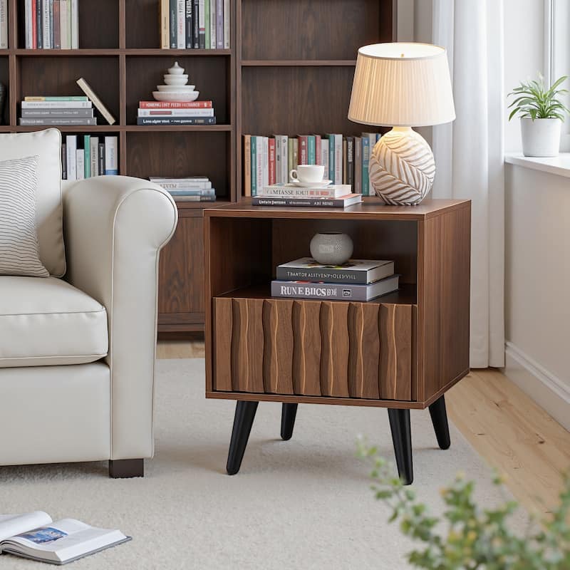 Mid-Century Modern Nightstand, Fluted End Table Drawer & Open Storage