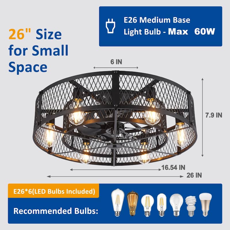 20-26Inch Caged Ceiling Fan with Light and Remote: APP Control Quiet DC Motor (E26 Bulbs Included)
