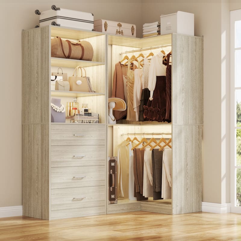Cimly Set of 2 Corner Closet Organizer, Freestanding Closet System with Wooden Drawers - Washed Oak