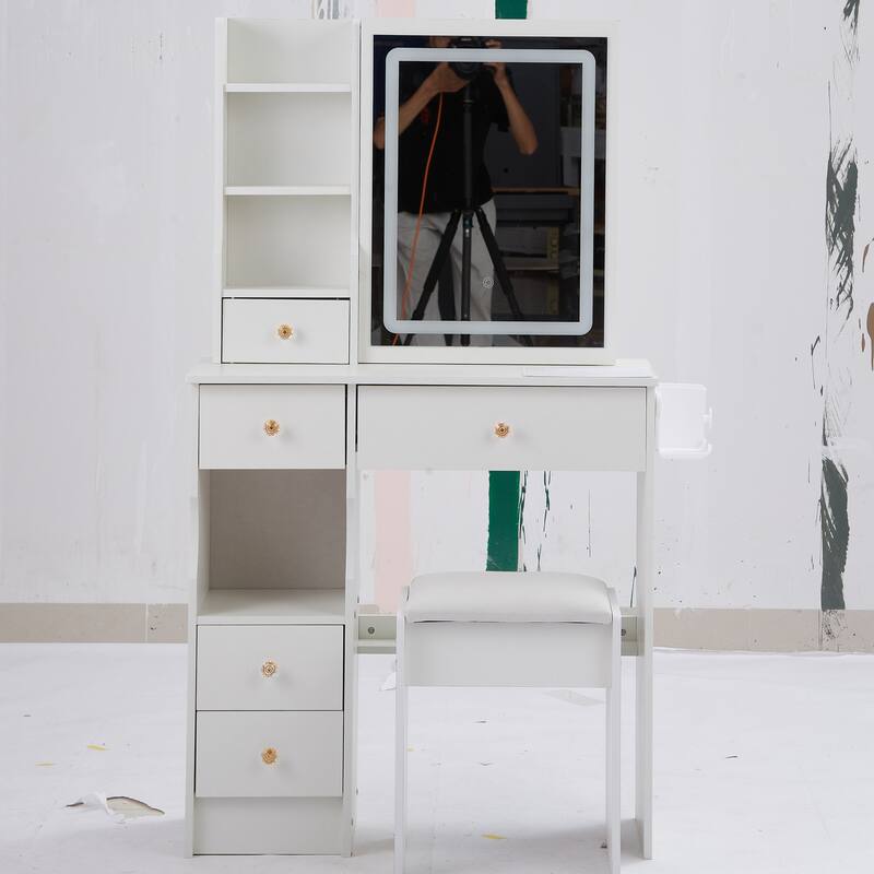 29.2" Small Size Left Drawer Desktop Vanity Table + Cushioned Stool, 2 AC+2 USB Power Station, Hair dryer bracket
