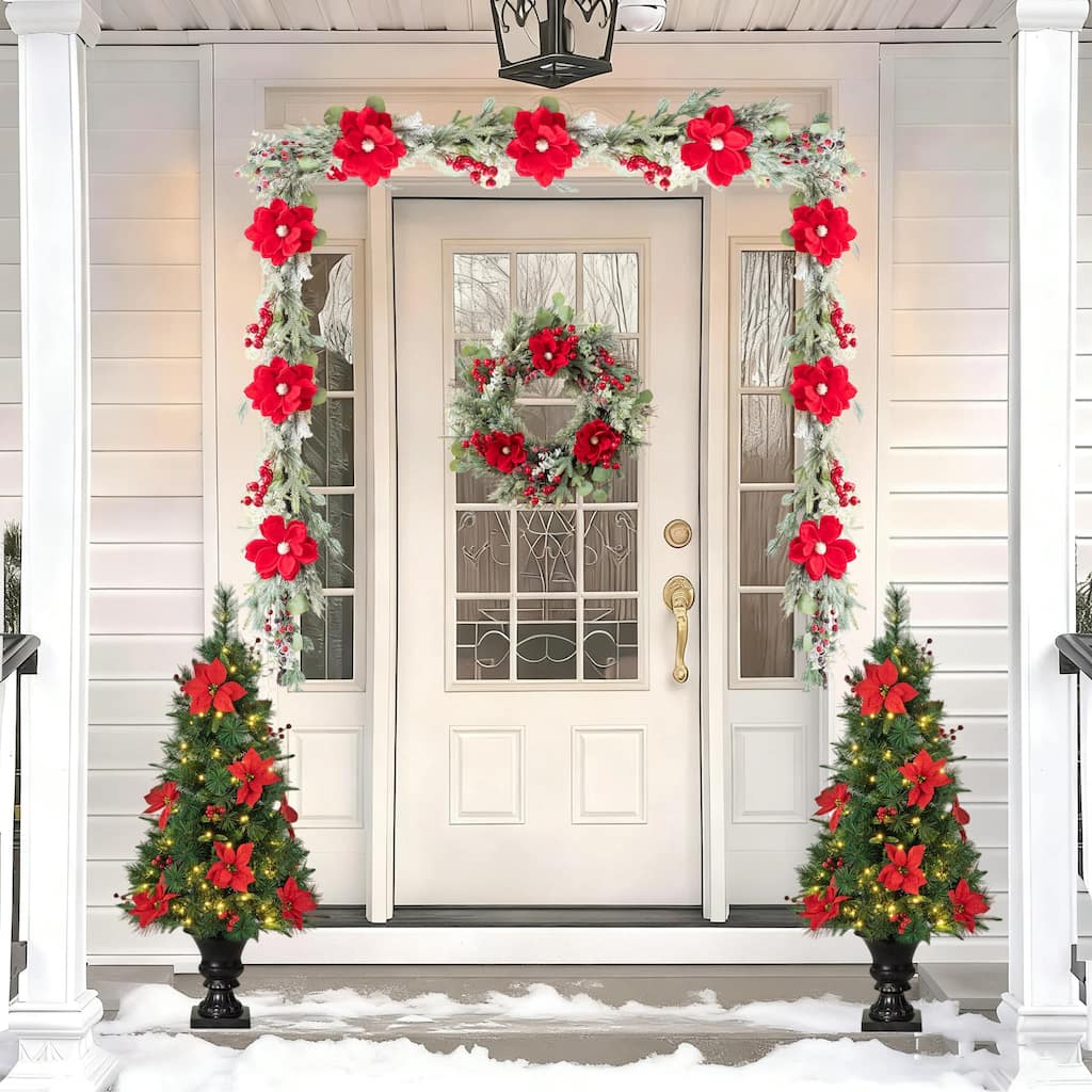 Glitzhome Christmas Artificial Plant Set, Red Mangnolia Wreath, Garland, and Set of 2 Entrance Potted Trees with LED Lights