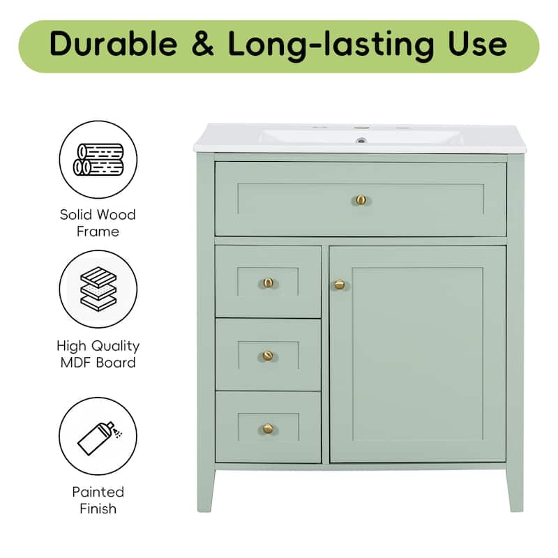 30-Inch Bathroom Vanity with Sink, Modern MDF and Rubberwood Cabinet with 3 Drawers and Adjustable Shelf, Freestanding