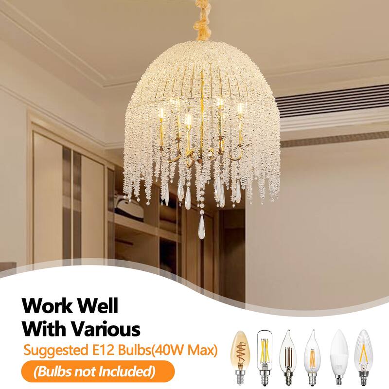 20 Inch 6-Light K9 Crystal Pendant Light Chandelier- Elegant Waterfall Design with Cascading Crystal Bead Strings - Gold