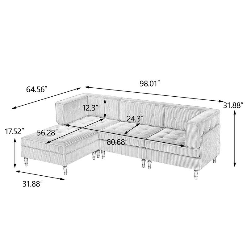 UIXE 4 - Piece Corduroy Sectional Sofa with Flip-Top Storage Ottoman Coffee Table