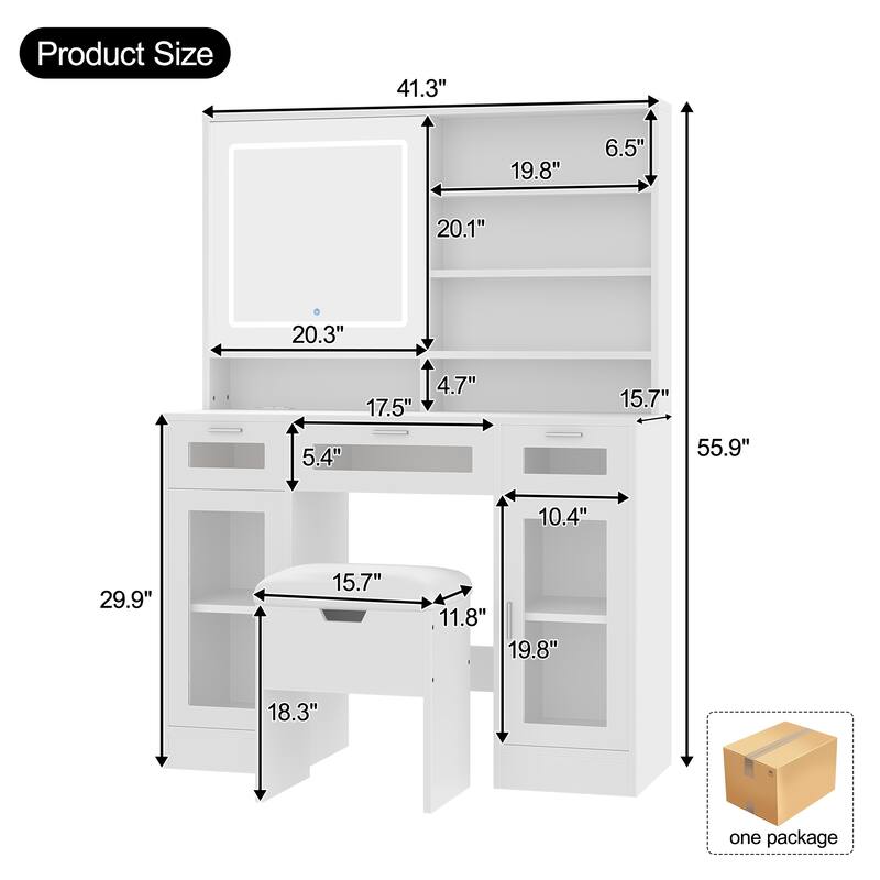 41.3" Makeup Vanity with Sliding Mirror and LED Lights, Dressing Table with Storage Stool, 3 Drawers and 2 RGB Cabinets