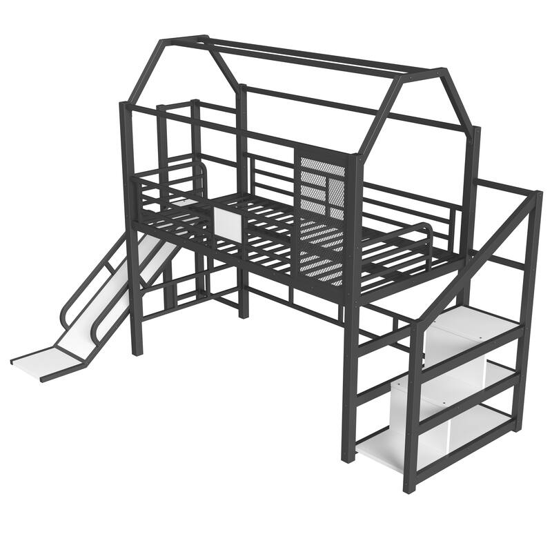 Twin House Loft bed with Slide and Stairs, Metal Playhouse Bed with Storage Shelves, House-shaped Roof and Noise-free Design