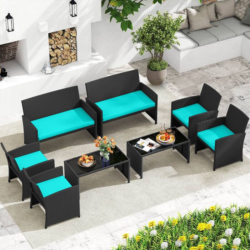 Costway 8 PCS Patio Conversation Set with Seat Cushions & Tempered - See Details - Turquoise + Black