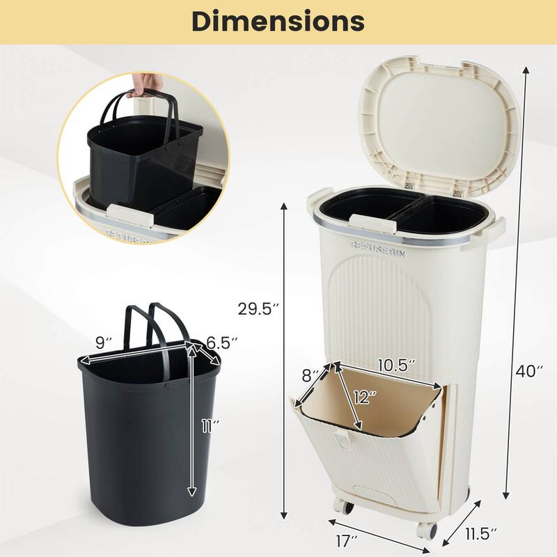 Costway 10 Gallon Kitchen Trash Can with Lid, 2 Removable Buckets, - Beige