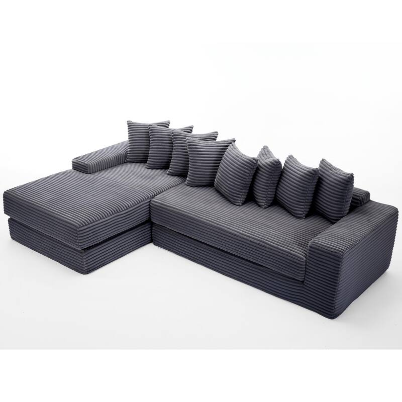 Floor Sleeper Sofa Bed Convertible L-shaped Modular Sectional Couch with Chaise, Corduroy Compression Sofa with Side Pockets