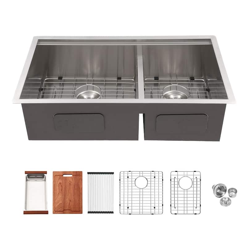 30-inch Undermount Kitchen Sink Low Divide Double Bowl 50/50 Prep Workstation Sink 16 Gauge Stainless Steel Kitchen Sink Basin - Bowl 60/40