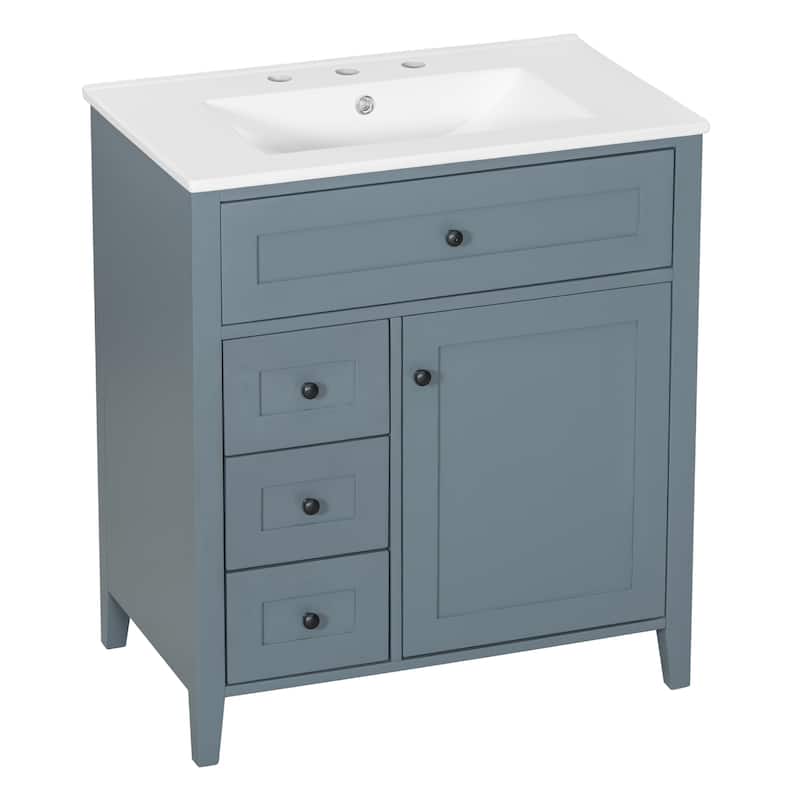 30-Inch Bathroom Vanity with Sink, Modern MDF and Rubberwood Cabinet with 3 Drawers and Adjustable Shelf, Freestanding