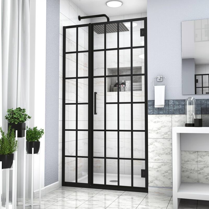 Pivot Framed Shower Door with Tempered Glass in Matte Black