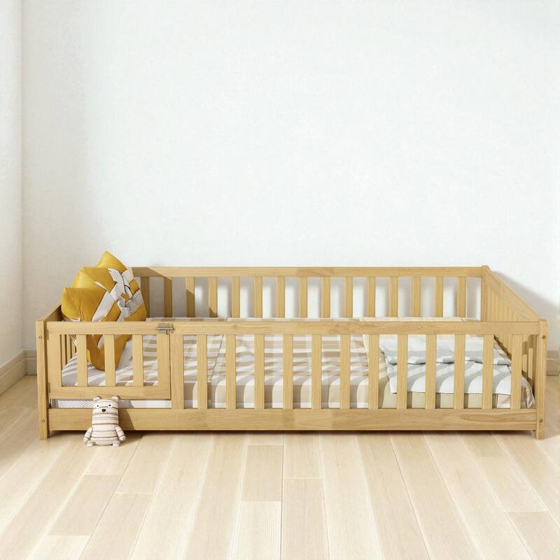 Full Size Rubber Wood Floor Bed with Fence, Door and Safety Guardrails for Kids - Natural - Full