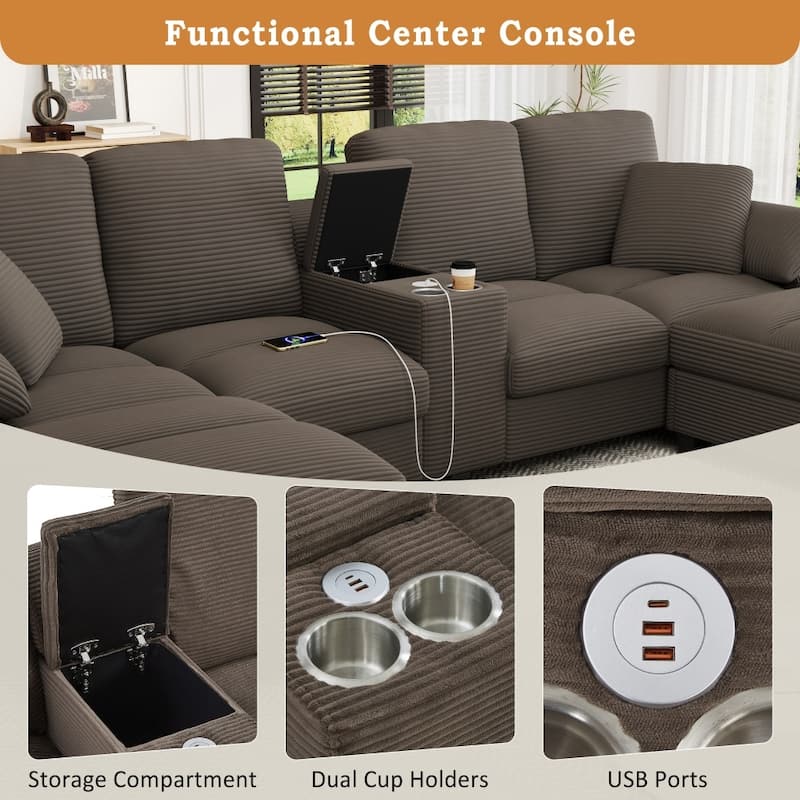 116.9" Modern Sectional Sofa with Storage Ottomans and USB Ports, Cup Holders