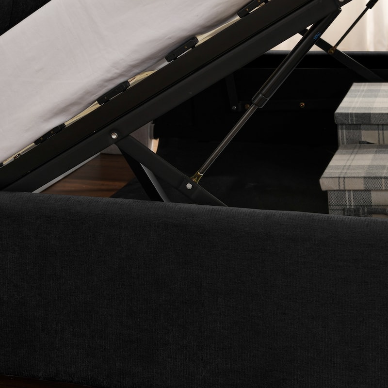 Chenille Storage Bed Frame, Hydraulic Lift Platform Bed with Under Bed Storage and Integrated Headboard, No Box Spring Needed