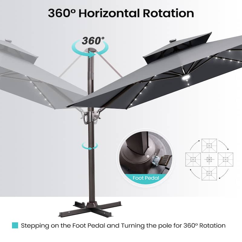 9 x11 FT LED Lighted Patio Cantilever Umbrella Double Top with Weighted Base