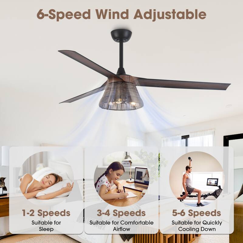 60" Natural Rattan Brown Ceiling Fan with Light Kit and Remote Control - 60 in. D x 60 in. W x 15.7 in. H