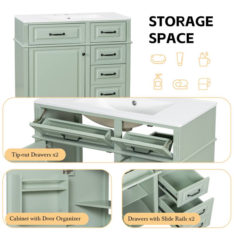 36-Inch Bathroom Vanity with Ceramic Sink Top, Solid Wood Frame and MDF Cabinet,with Adjustable Shelf and Metal Handles