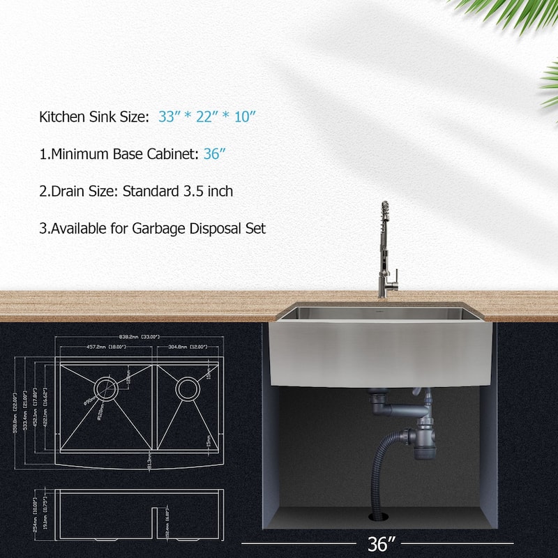 33 Inch Kitchen Sink Apron Front Ledge Workstation Low Divide Double Bowl 60/40 16 Gauge Stainless Steel Farm Kitchen Sink