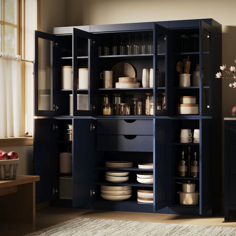 Palace Imports 100% Solid Wood Kitchen China Cabinet Pantry with Glass or Solid Wood Doors and 2-Drawer Kit - 65" x 71.5" - Navy - 4 Clear Glass-4 Solid