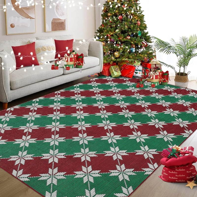 GustoWave Christmas Geometric Throw Area Rugs, Non Slip Machine Washable, Green+Red - 1'6" x 2'6" - Multi 3*5ft