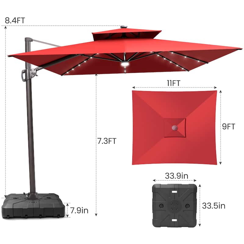 9 x11 FT Double Top LED Lighted Cantilever Patio Umbrella Rectangle with Base