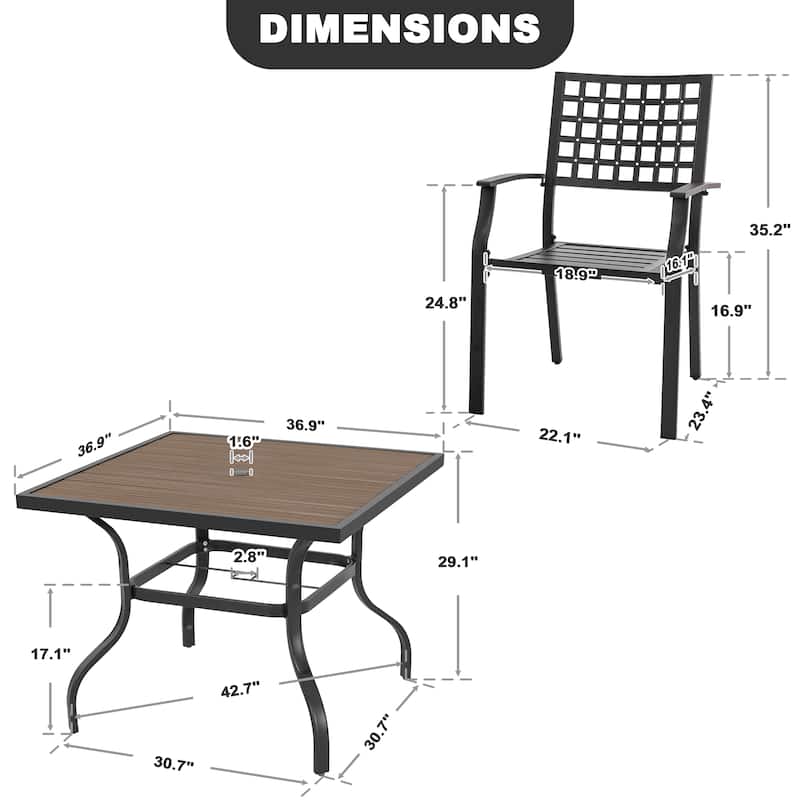 Outdoor 5-Piece Metal Patio Dining Set with Umbrella Hole, Stackable Chairs, Black