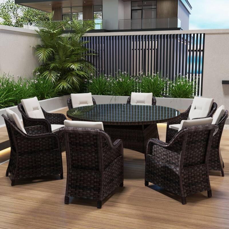Modern 9-piece Outdoor Dining Table Set with Umbrella Hole & 8 Chairs - Brown