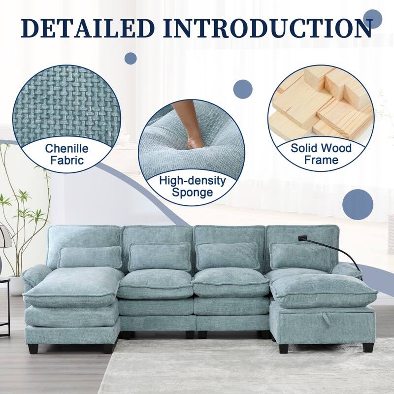 106.69" Modular U-shaped Sectional Sofa with Chaise Lounge and Ottoman, Pillows