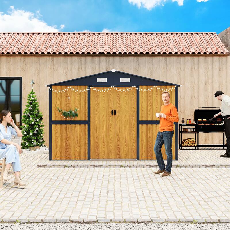10X12 FT Outdoor Steel Storage Shed with Lockable Doors, 2 Windows, Garden Shed Ideal for Backyard, Patio Storage