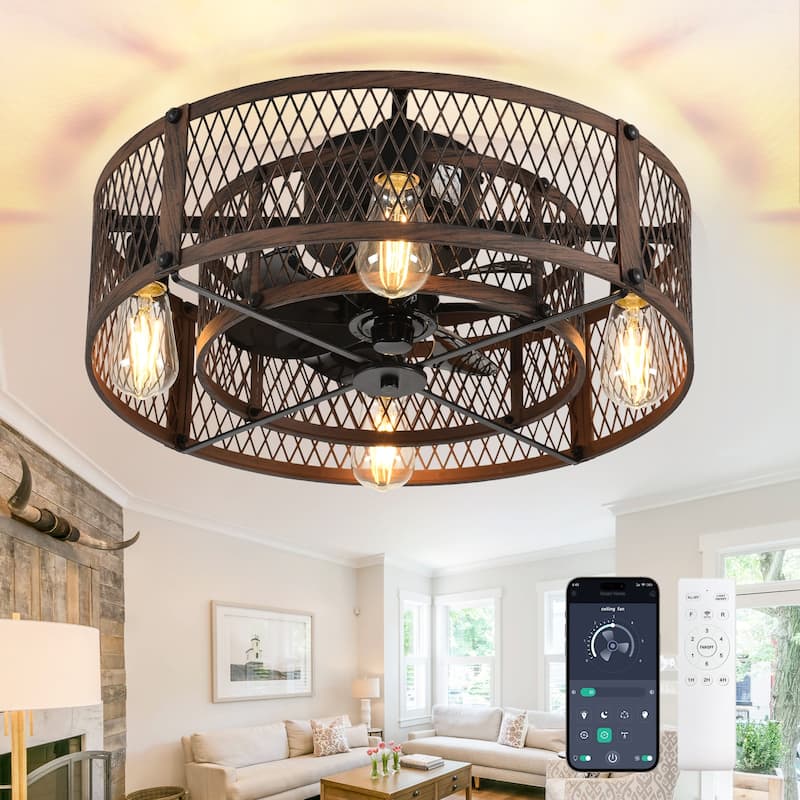 20-26Inch Caged Ceiling Fan with Light and Remote: APP Control Quiet DC Motor (E26 Bulbs Included) - 20in - Walnut