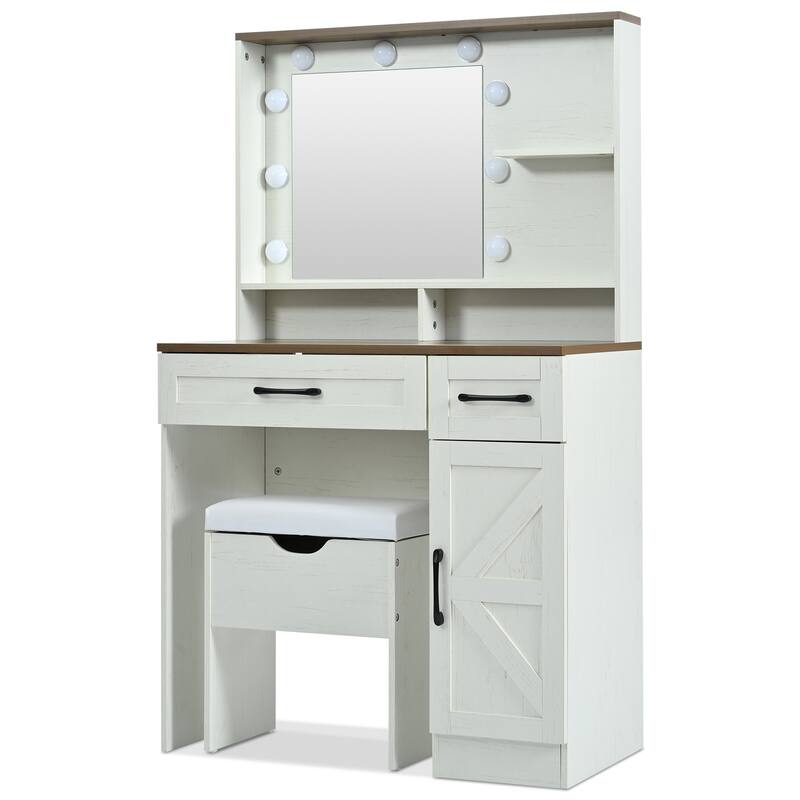 Farmhouse Makeup Vanity Desk with Mirror and Lights, 3 Lighting Modes, Vanity Set with Stool, Dressing Table