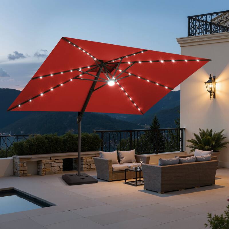 9 x11 FT LED Lighted Patio Cantilever Umbrella Double Top with Weighted Base - Red with Base