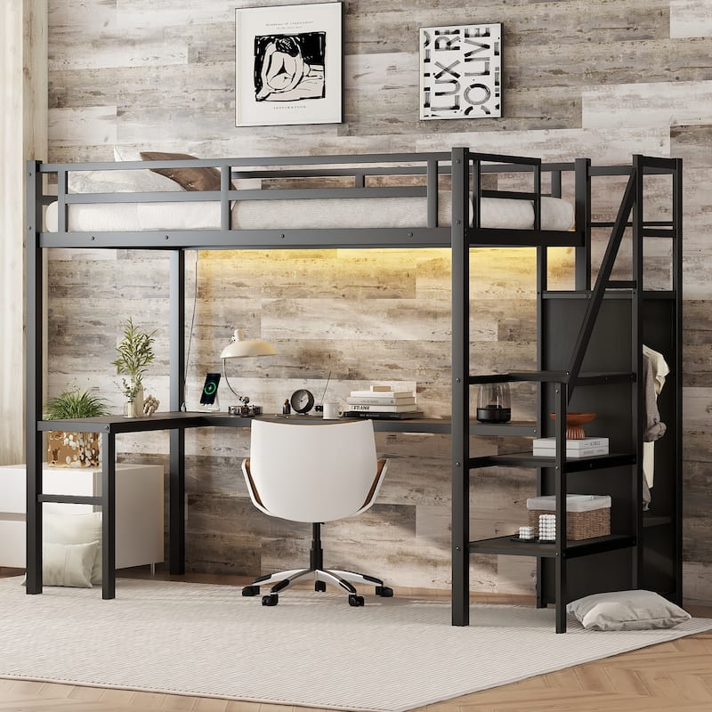 Roomfitters Twin XL Metal Loft Bed with L-Shaped Desk, USB Port, Wardrobe, Adjustable Shelf & Lighting, Black