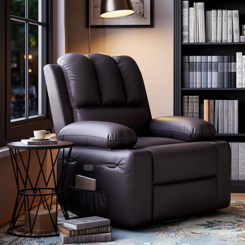 Oversized Manual PU Leather Recliner Sofa Chair with Cup Holders