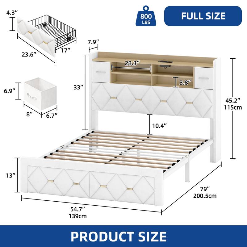 Moasis Upholstered Bed Frame with Storage Headboard And Charging Station and LED Light