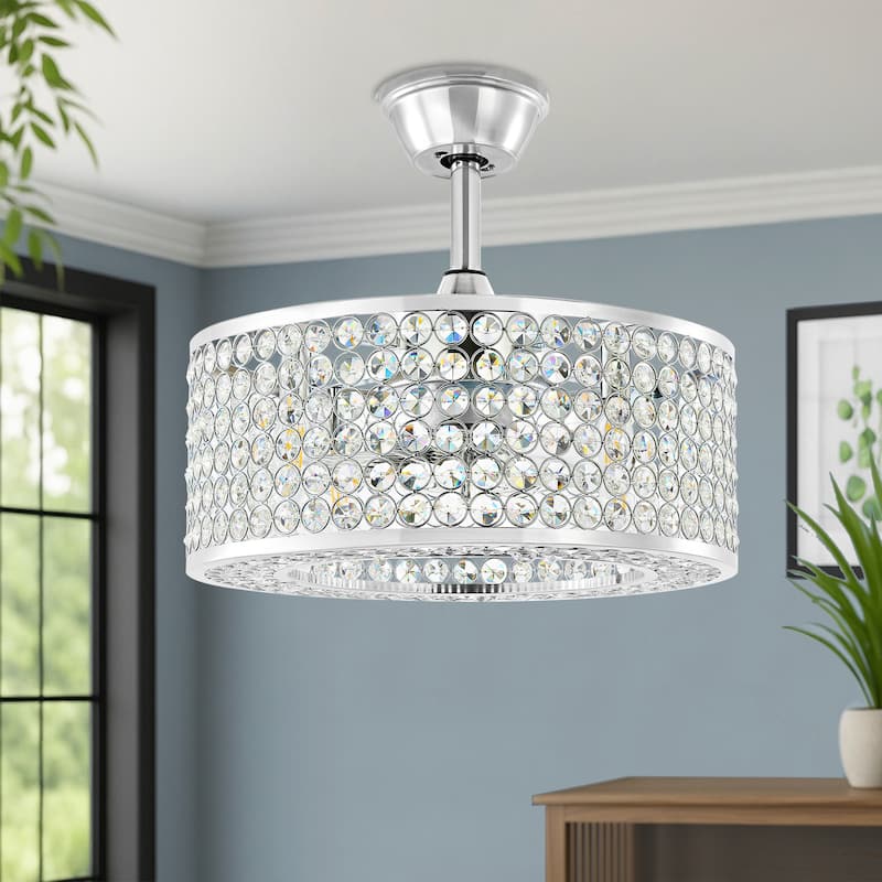 GetLedel 18-inch Reversible Caged Crystal Ceiling Fan with Remote and Light Kit - Chrome