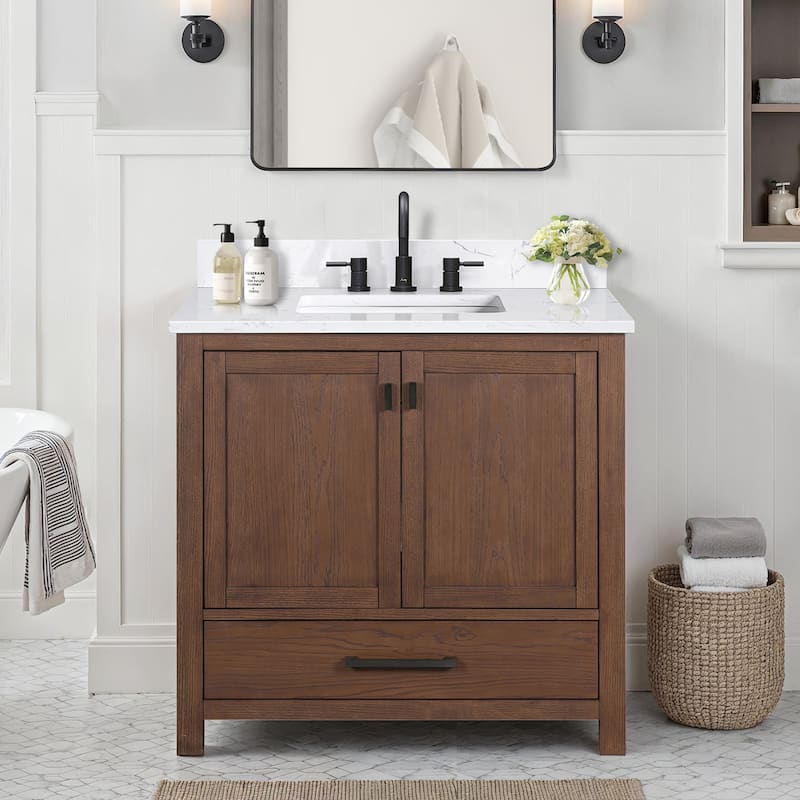 Avanity Modero 36 in. Single Sink Bathroom Vanity with Engineered Stone Top - 37"W x 22"D x 35"H - Mocha Oak