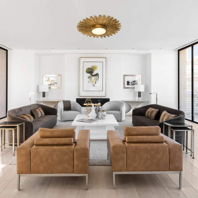 2-Light Gold Modern Handmade Wood Sunflower Shape Flush Mount Ceiling Light