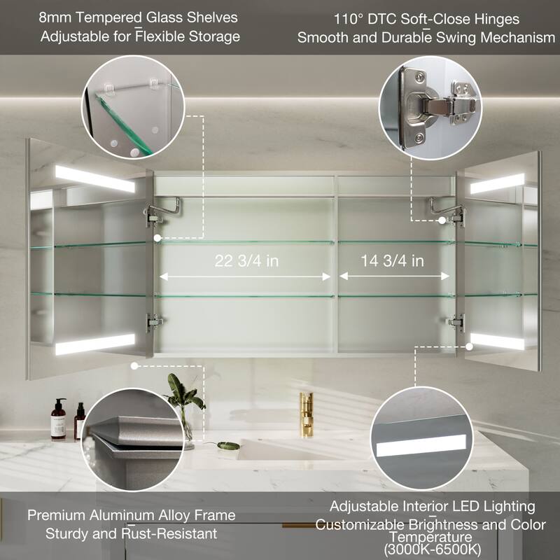 30-48'' W x 24'' H Surface or Recessed LED Bathroom Medicine Cabinet With Mirror,Defog & Quiet Hinges