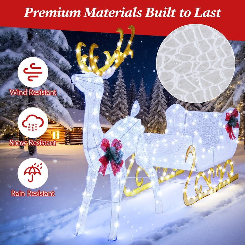 Lighted Reindeer and Sleigh Christmas Yard Decoration with 215 LED Lights for Outdoor Display