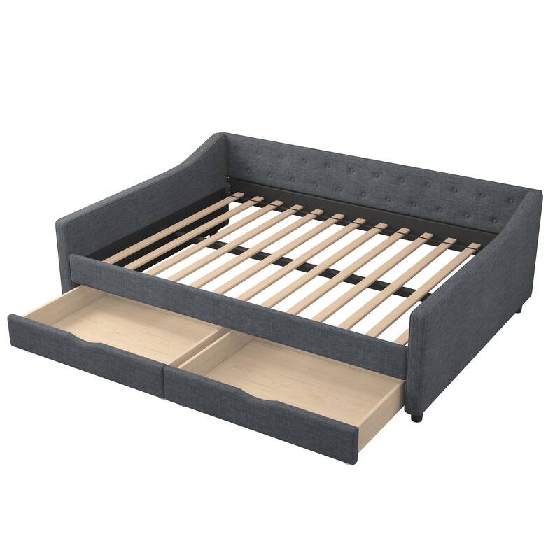 Linen Upholstered Daybed with 2 Drawers, Wooden Platform Sofa Bed Frame with Button Tufted Backrest, No Box Spring Needed